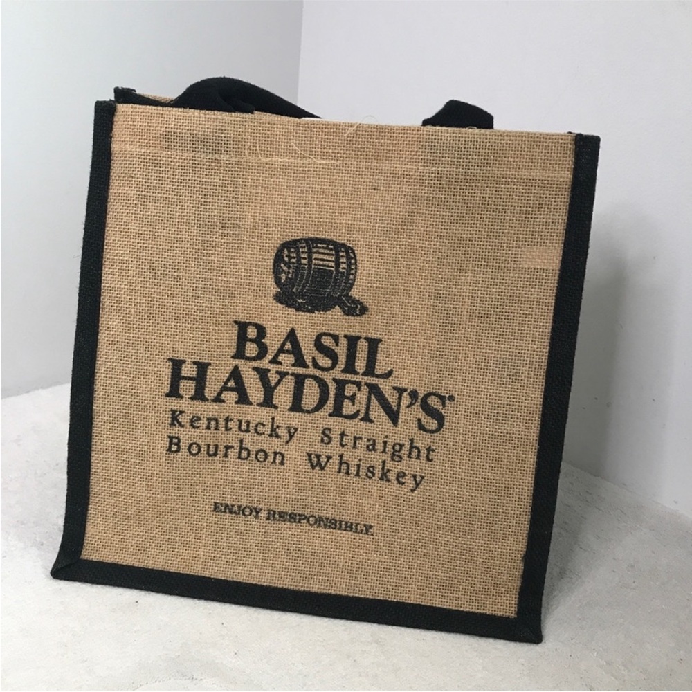 BASIL HAYDENS BURLAP BEIGE AND BLACK SMALL TOTE BAG